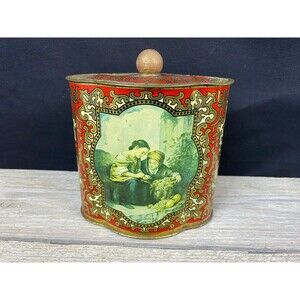Vintage Lidded Metal Container Tin Scalloped Red Gold Western Germany